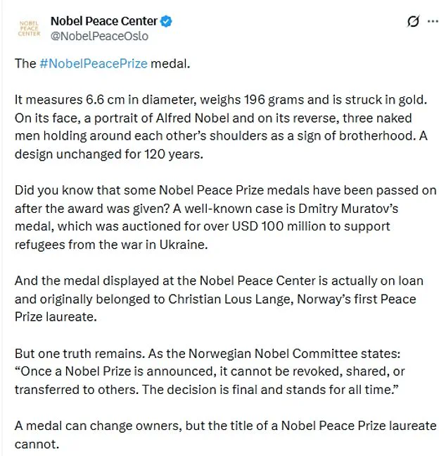 Exclusive Authority: Nobel Committee Asserts Sole Jurisdiction Over Prize Transfer Amid Controversy