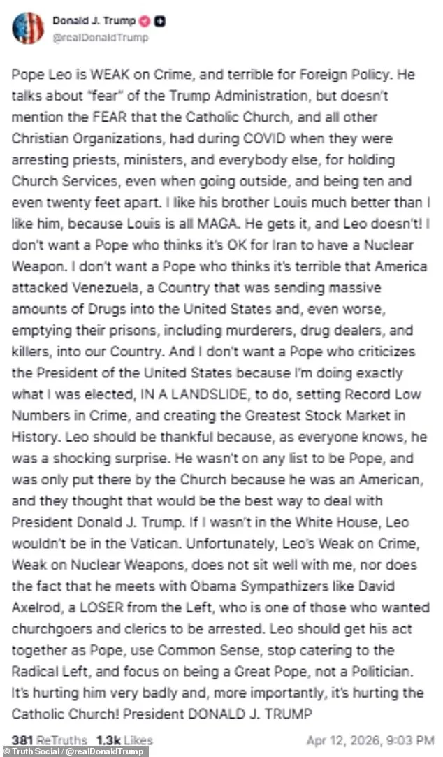 Donald Trump Slams Pope Leo's Foreign Policy, Calls Him 'Weak on Crime' and 'Very Liberal
